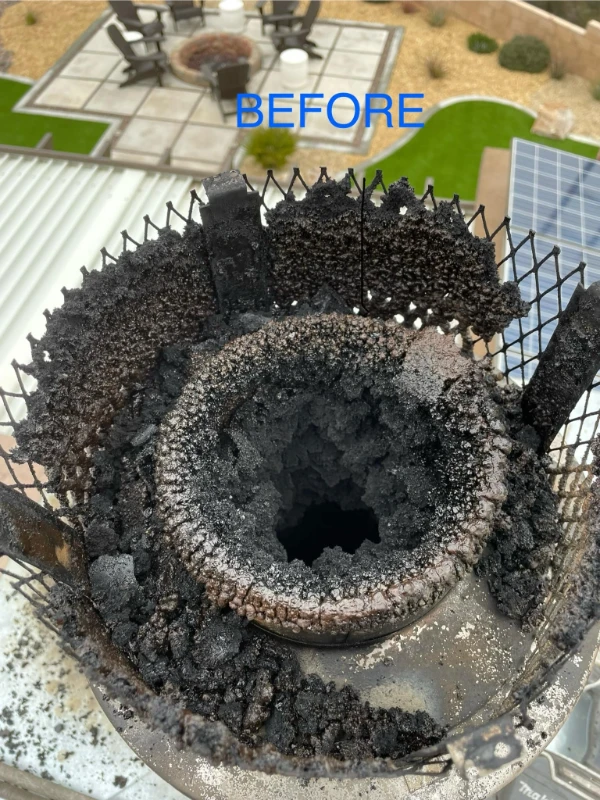 Heavy stage 3 creosote buildup inside chimney before professional cleaning Greenville SC