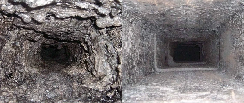 Before and after chimney flue cleaning showing creosote removal Greenville SC
